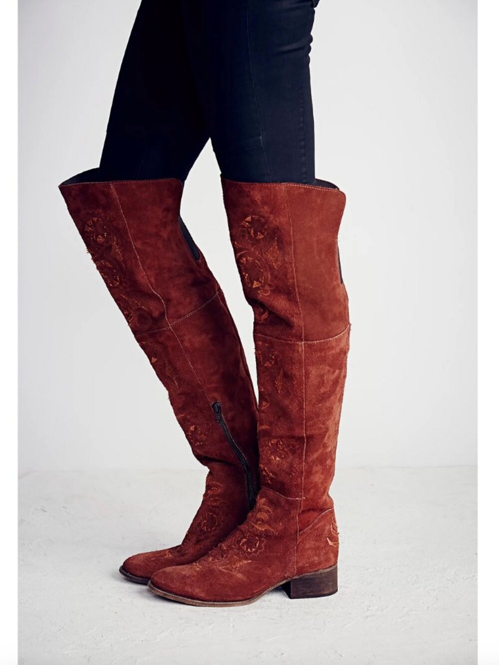 Free People Brown High Noon Suede Embroidered Over Knee Boots Sz Eur 37 / US 6.5